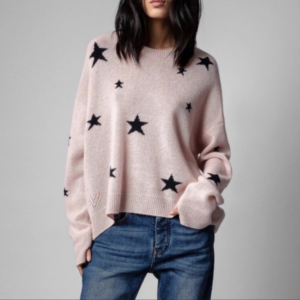 Zadig & Voltaire 100% Cashmere Star Sweater Pink Black Stars Thumb Holes Size M